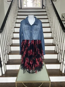 JUSTICE GIRL'S SIZE 12 DENIM AND TULLE ROSES LONG SLEEVE CHEST POCKETS DRESS - Picture 1 of 12