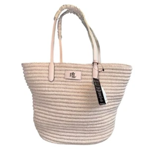 NWT Ralph Lauren Pink Opal Straw Large Tote Bag with Matching Wallet - Picture 1 of 8