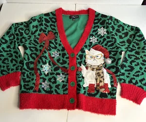 Ugly Christmas Cat Sweater Cardigan Womens Large Green Leopard Print Sequins 3D - Picture 1 of 15