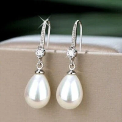 3.00Ct Pear Cut Pearl Elegant Women Drop Dangle Earring's 14K White Gold Finish - Image 1 of 3