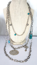 VINTAGE SILVER TONE METAL 3 CHAIN AND TURQUOISE BEADS STATEMENT NECKLACE COSTUME