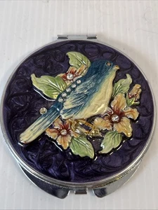 Vintage Flower Enamel Rhinestone Inlay Double Compact Travel Mirror - Picture 1 of 14