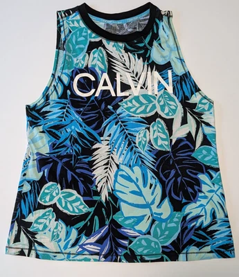 Calvin Klein Tropical Floral Performance Tank Top Stretch Teal Black Women L - Image 1 of 4