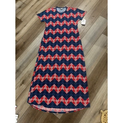 VESTIDO DE PUNTO MAXI LULAROE MARIA L ROJO BLANCO AZUL CHEVRON Patriótico NUEVO CON ETIQUETAS NUEVO Foto 1 de 4