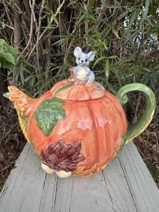Midwest Of Cannon Mouse On Pumpkin Teapot Vtg Autumn Fall Thanksgiving Decor - Picture 1 of 11