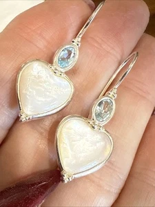 Sterling Silver Swiss Blue Topaz Mother of Pearl Heart Drop Earrings 7gr - Picture 1 of 7