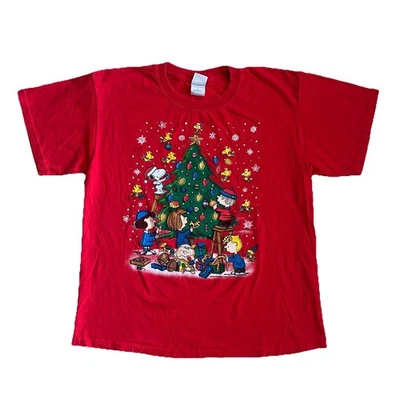 VTG Peanuts Snoopy Charlie Brown Christmas Tree Decor Snow Flakes Red Unisex L - Image 1 of 4