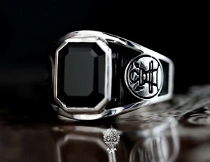 Anillo Salomón Ónix Negro Plata de Ley 925 Cuadrado Ónix Sello de Salomón Anillo - Imagen 1 de 6
