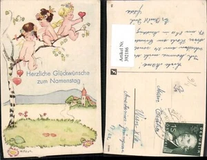 392186,Künstler AK H. Peyk Namenstag Landschaft Dorf nackte Kinder Baum Herzen - Bild 1 von 1