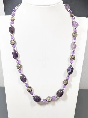 Beachy Coastal Purple Amethyst Stone Silver Tone Flower Beaded Necklace 23 in - Image 1 of 4