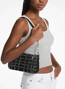 $228 Michael Kors Empire Medium Frayed Black Denim Chain-Link Pouchette - Picture 1 of 5
