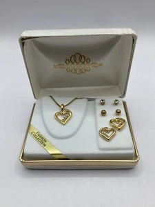 Vintage Women Girls Necklace & Earring (x3) Set Brand New Heart Rhinestone Studs - Picture 1 of 6