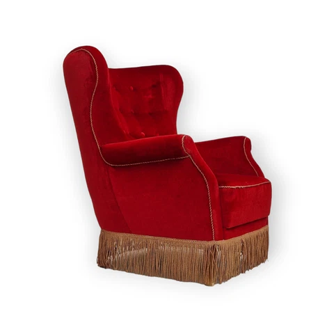 1960s, Danish vintage highback armchair in cherry-red velvet Cover