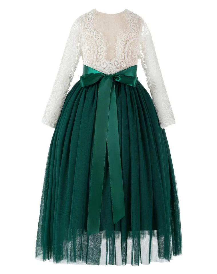 V-Back Lace Flower Girl Dress with Sleeves Communion Dress Girls Formal Dresses - Image 1 of 1