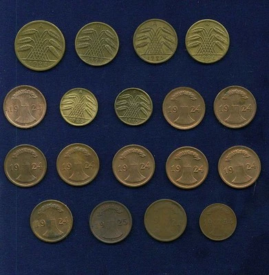 GERMANY WEIMAR REPUBLIC REICHSPFENNIG & RENTENPFENNIC COINS: 1924-1934 LOT OF 18 - Image 1 of 2