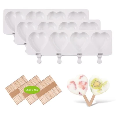 Paquete de 3 moldes de silicona para hacer paletas en forma de corazón con 150 palos de madera Foto 1 de 4
