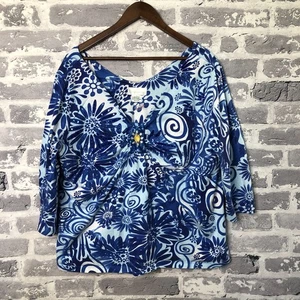 Weiche Umrandung Top Damen 2X blau Blumen Kunst Pailletten Perlen Pullover Stretch - Bild 1 von 13
