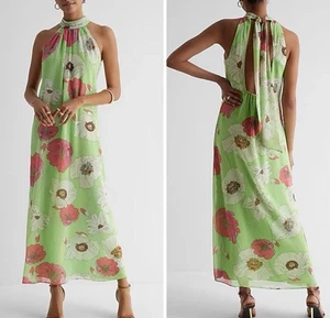Rare Express Green Floral Print Tie Neckholder Open Back Maxi Dress, Size M - Bild 1 von 6