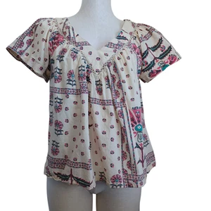 Haute Hippie Top Womens Medium Short Sleeve Colorful Cotton Boho Popover Blouse - Picture 1 of 12