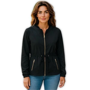 St. John Zip Up Jacket Size Medium Black Anorak Track Gold Zipper - Picture 1 of 9