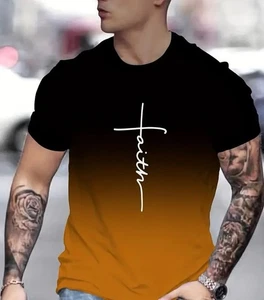 Herren T-Shirt Faith Cross Print Kurzarm XL ONLY Polyester schwarz/orange NEU - Bild 1 von 6