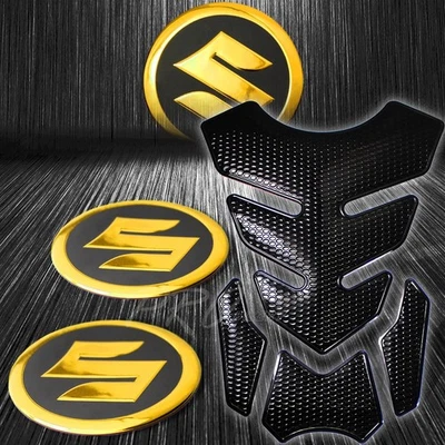 4 peças almofada tanque de combustível preta + 2" cromado dourado Suzuki logotipo emblema kit adesivo - Imagem 1 de 4