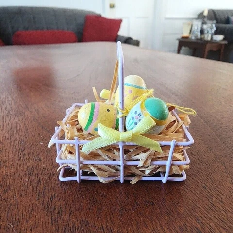 Small Metal Basket With Three Eggs Easter Decoration Blue Purple Yellow Vintage Cover