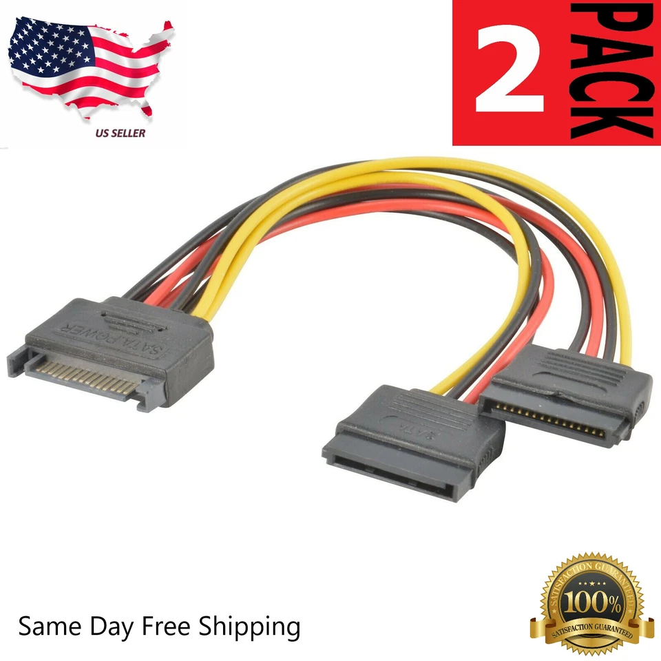 2x SATA Power 15 pin Y Splitter Cable Adapter Male to Female for HDD Hard Drive - Image 1 of 1