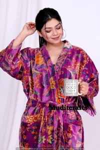 Indian Pink Flowers Kimono Velvet Kimono Robes Night Gown Bridal Night Kimono - Picture 1 of 10