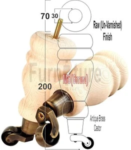 4 Turned Wooden Furniture Leg & Antique Castor Wheel Bun Feet Raw M8 200mm High - Picture 1 of 10