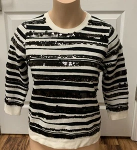 NWT Ann Taylor Petite Ivory/Black Sequined Stripe Sweater Med Pet FS Bnfts Chrty - Picture 1 of 12