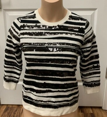 Nuevo con etiquetas Suéter Ann Taylor Petite Marfil/Negro Lentejuelas Rayas Mediano Mascota FS Bnfts Chrty Foto 1 de 4