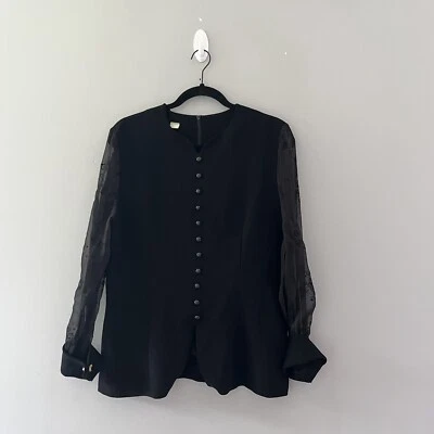 Vintage Black button front blouse sheer sleeves - Image 1 of 4