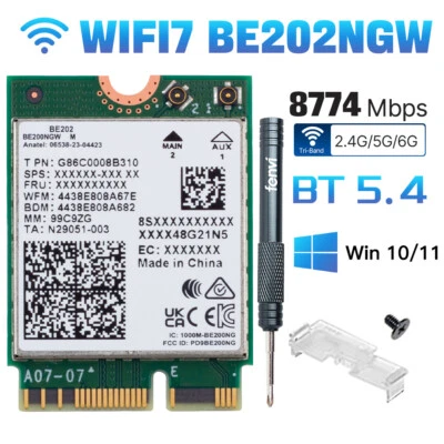Scheda PC Intel BE202NGW M.2 NGFF WiFi 7 Tri-Band 802.11BE BT 5.4 adattatore wireless - Immagine 1 di 4