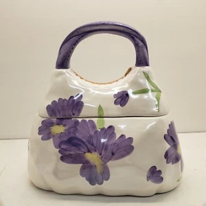 Cartera de cerámica pintada a mano frasco de almacenamiento de galletas blanco con flores púrpuras - Imagen 1 de 7