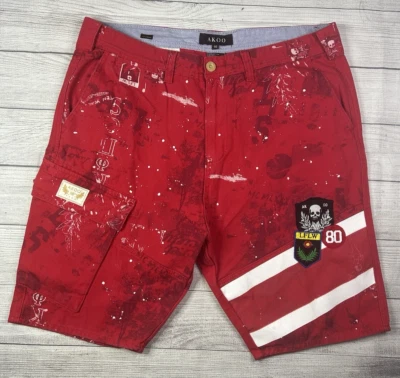Pantalones Cortos Akoo Para Hombre Talla 40 Rojo Gráficos Pintura Salpicaduras Parches 10 Años Hip Hop Foto 1 de 4