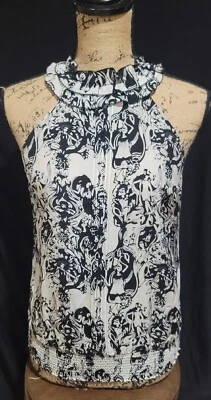 Guess 100 Seda Estampado Negro Cuello Alto Volantes Sin Mangas XS Abierto Espalda Corbatas en el Cuello  Foto 1 de 4