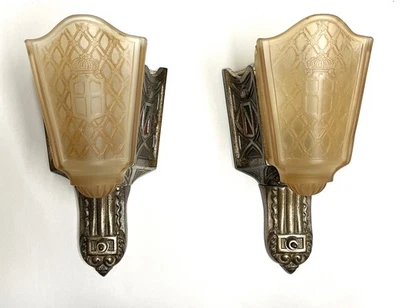 Vintage 1920s Pair Of Antique Wall Sconces, Art Deco, Moe Bridges Co. - Image 1 of 4