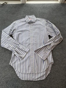 TM Lewin Dress Shirt Mens 15 38 White Blue Green Stripe Cotton Made England - Picture 1 of 9