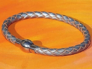 Ladies 5mm Metallic Silver leather & stainless steel bracelet by Lyme Bay Art. - Picture 1 of 3