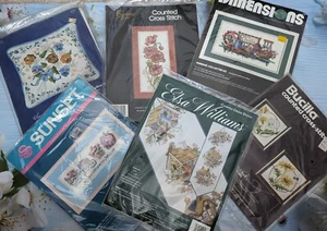 VINTAGE Dimensions, Sunset, Bucilla, Cross Stitch Kits lot/ Garden, Flowers - Picture 1 of 15