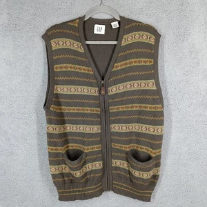 GAP Vintage Mens Large Merino Wool Sweater Vest Full Zip Striped Pockets Brown - Picture 1 of 8