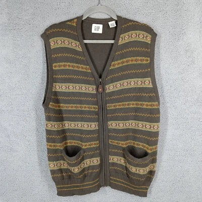 GAP Vintage Mens Large Merino Wool Sweater Vest Full Zip Striped Pockets Brown - Image 1 of 4