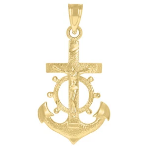 10kt Yellow Gold Mens Mariner Anchor Crucifix Cross Religious Charm Pendant - Picture 1 of 1