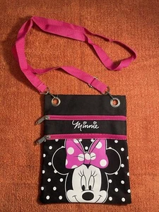 Kids Disney Minnie Mouse Cross Body Black with White Polka Dot Hot Pink Trim - Picture 1 of 6