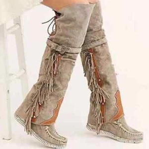 Damen Quaste Kniehohe Stiefel Runde Spitze Schnalle Riemen Winterschuhe Boho - Bild 1 von 29