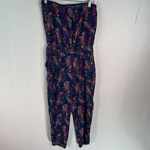 Mudd Womens Elastic Waistband Tropical Cropped Strapless Blue Jumpsuit Size L