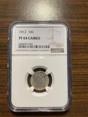 1912-P Barber Silver Dime 10C NGC PROOF PR PF 64 CAMEO (CAM) RARE Cover