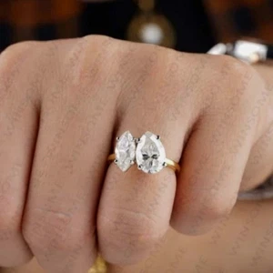 Pear & Marquise Moissanite Two Stone Wedding Ring In 14K Multi-Toned Gold Plated - Picture 1 of 5