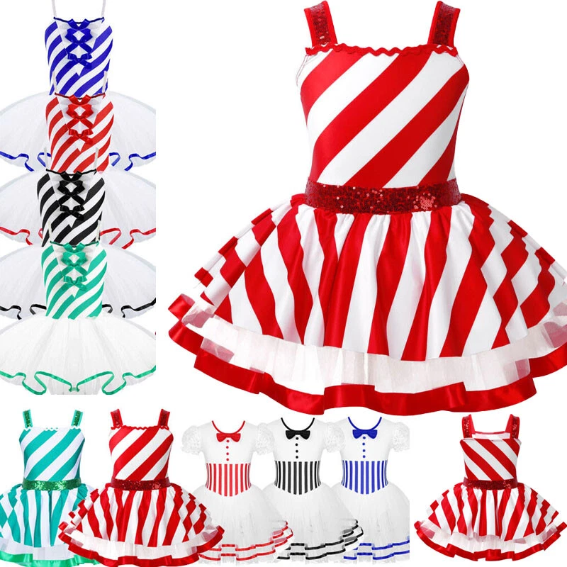 Kids Girls Sequin Striped Dancewear Costumes Christmas Mesh Tutu Dress Leotard - Image 1 of 1